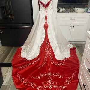 Elegant Red and White Gown with Embroidery